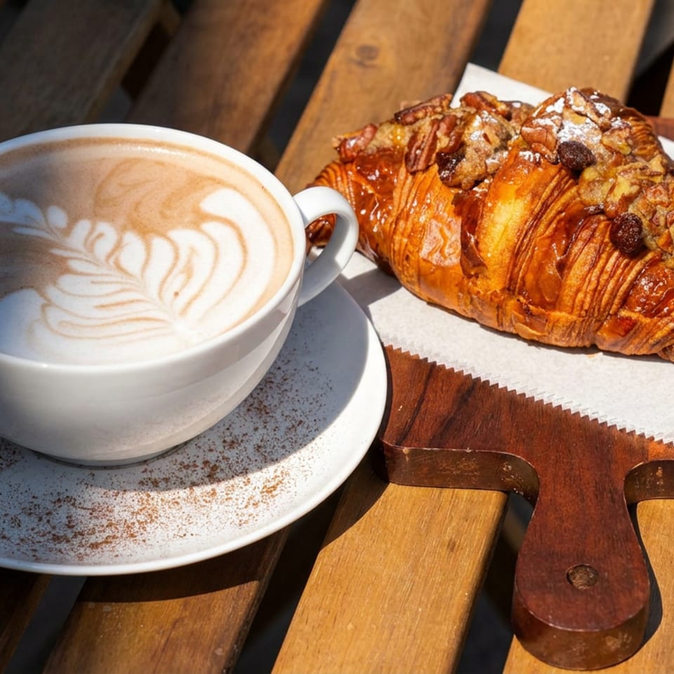 Latte with leaf-shaped foam art and a glazed, nut-topped croissant on a wooden serving board.