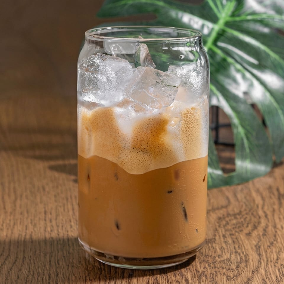 Iced coffee with creamy foam served in a clear glass on a wooden table beside tropical leaves.
